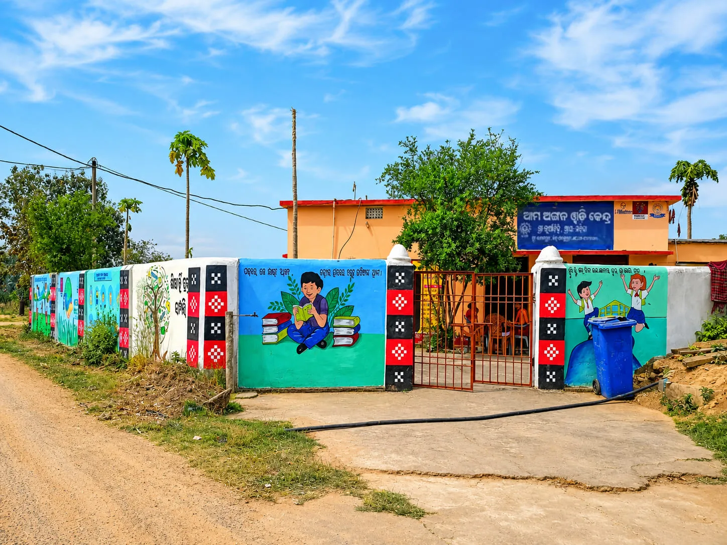 An anganwadi centre with its boundary wall painted in learning murals