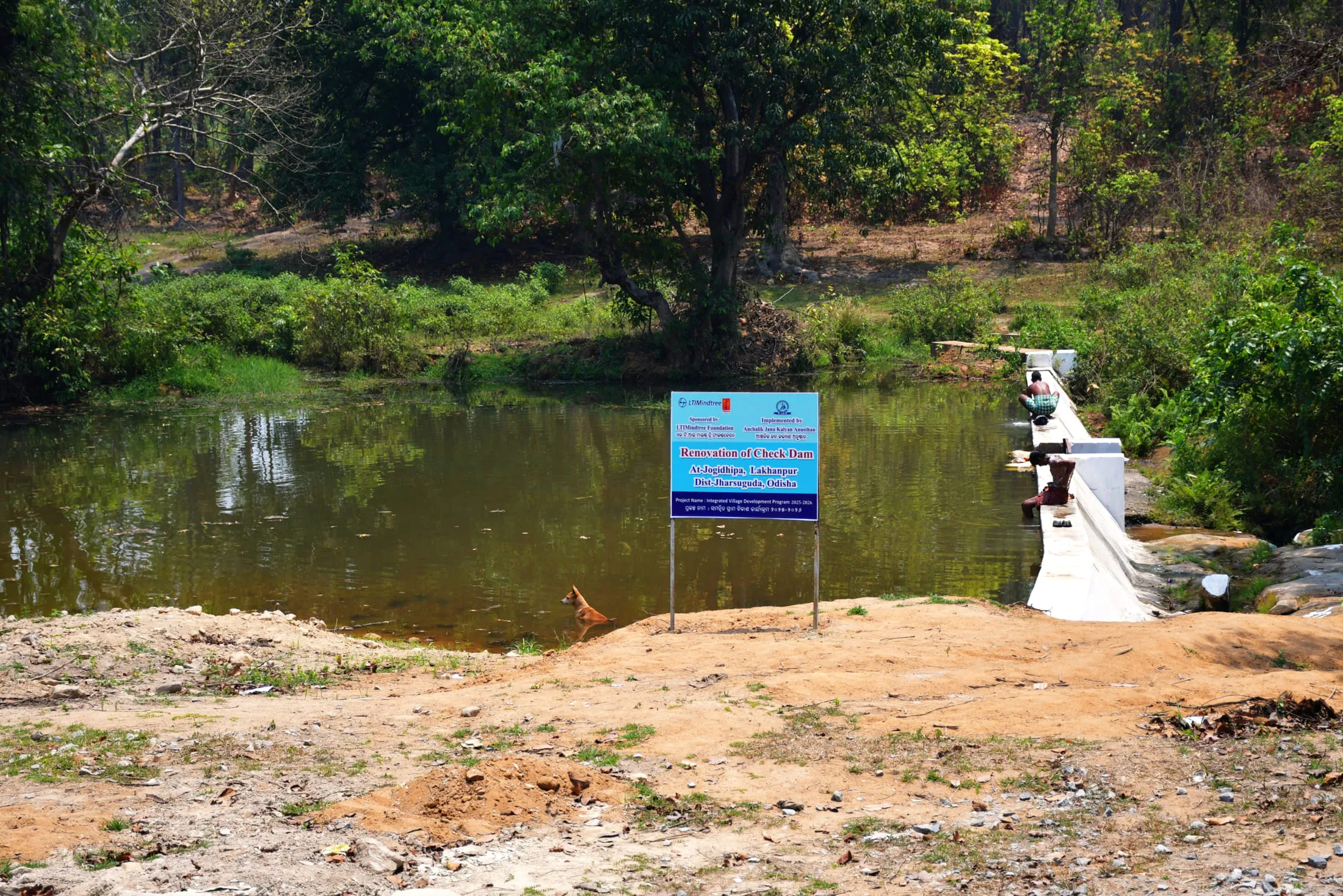 A check dam holding water at the edge of forest land, with the project signboard
