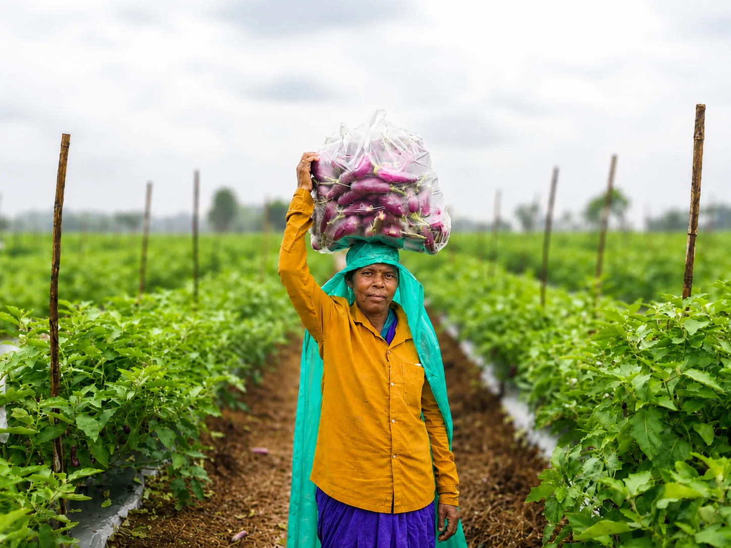 A farmer carrying a headload of freshly harvested produce through a vegetable field