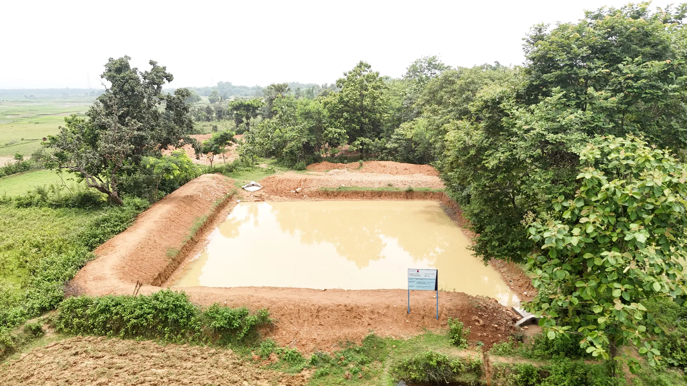 A newly constructed farm pond holding monsoon rainwater beside farmland