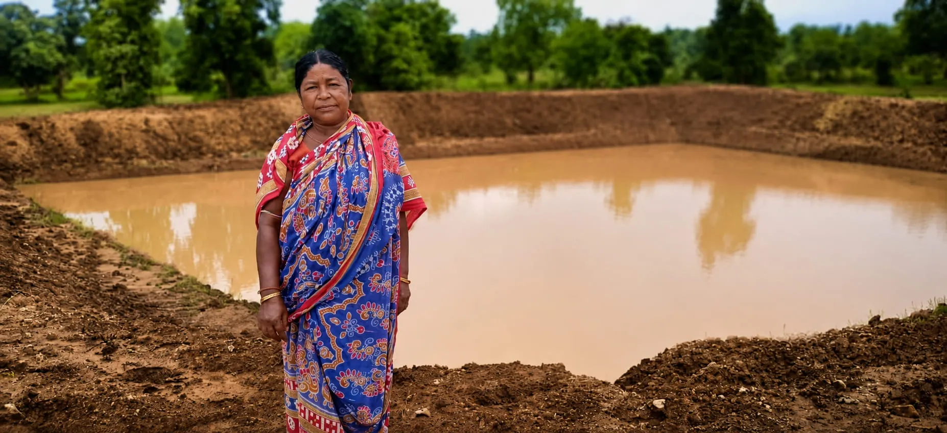 Ms. Shreemati Guru standing on the earth bank of the newly constructed farm pond, full after the monsoon