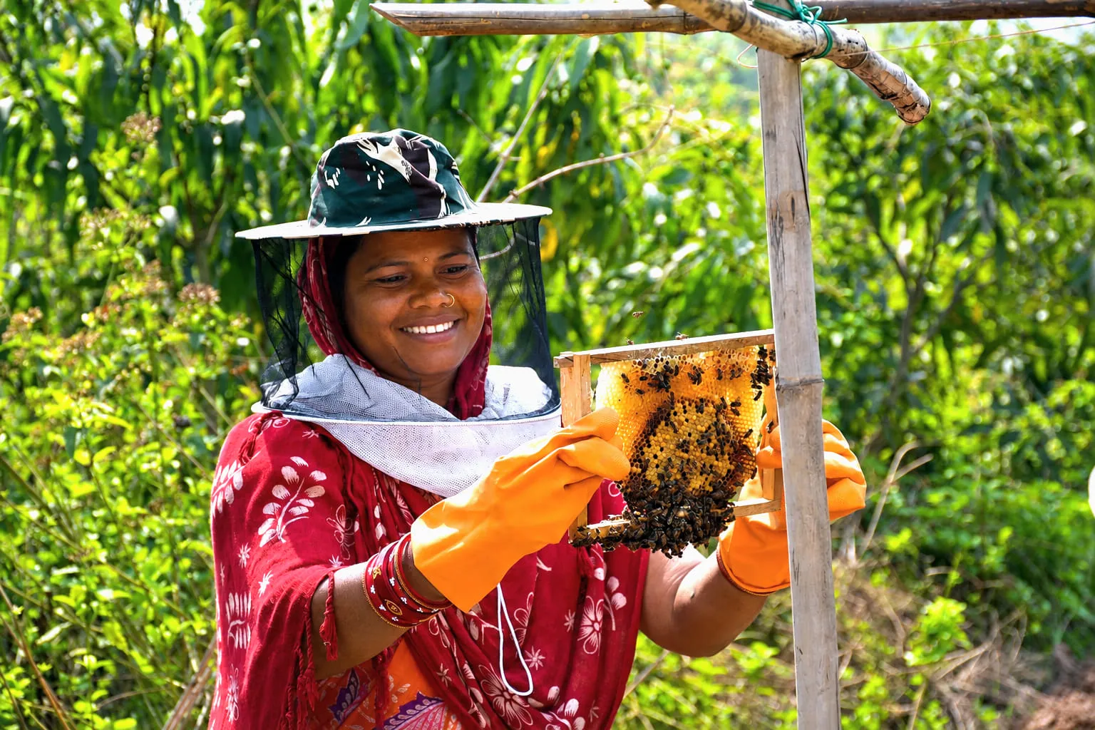 A member of Maa Shakti SHG in a beekeeper's veil holding up a frame of comb from one of the group's hives