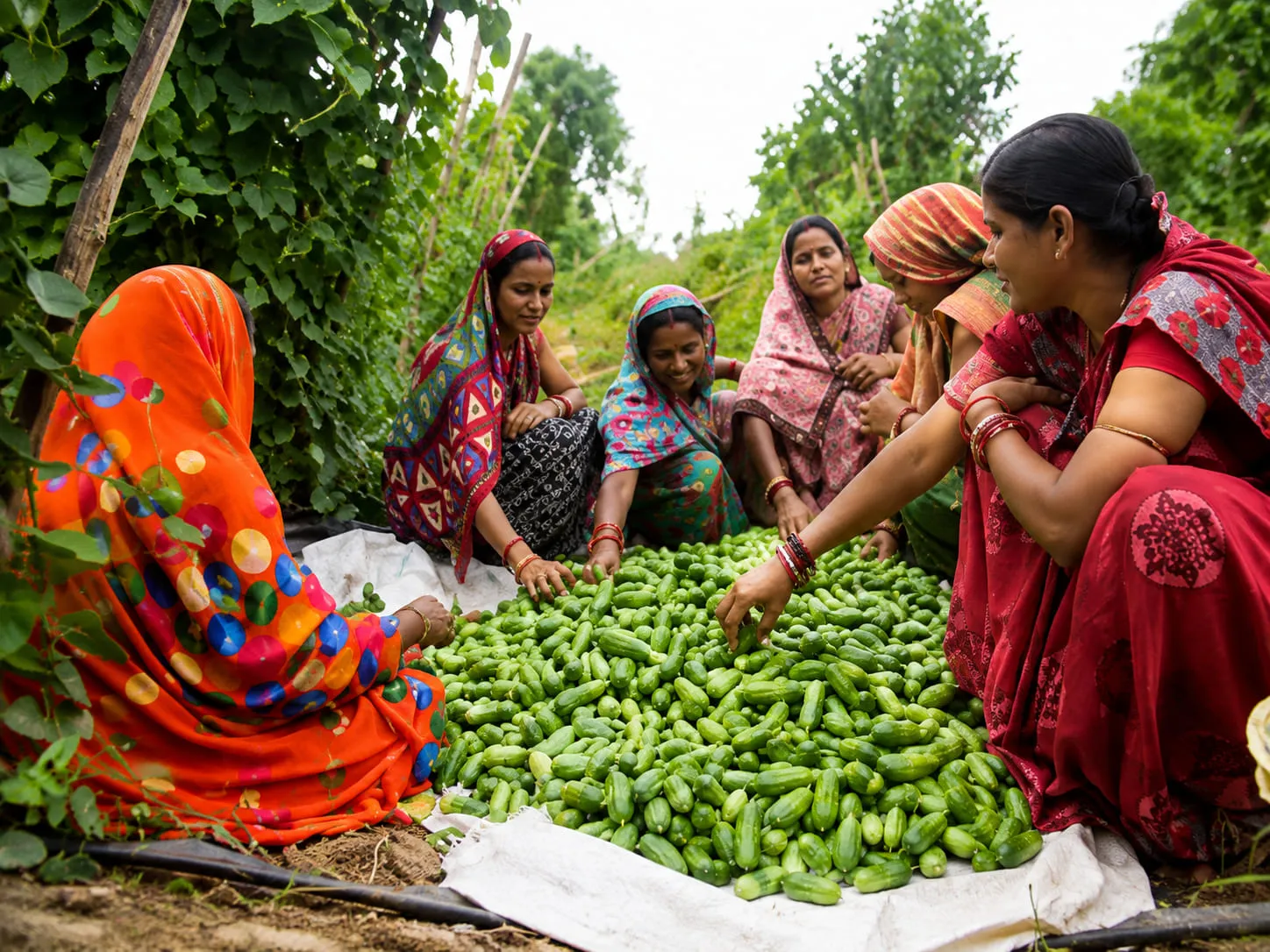 Women of the Omm Sai Producer Group grading a pointed gourd harvest beside the trellised field it came from