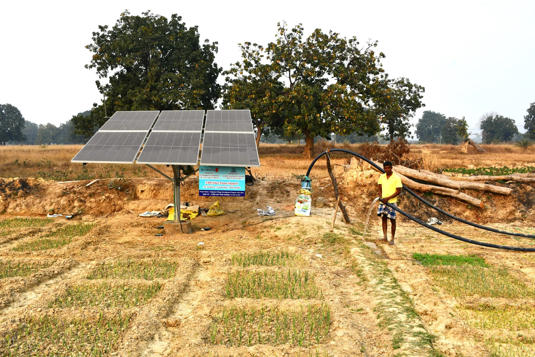 A solar panel array standing in a field in Attabira, with irrigation pipe running out to a newly sown plot