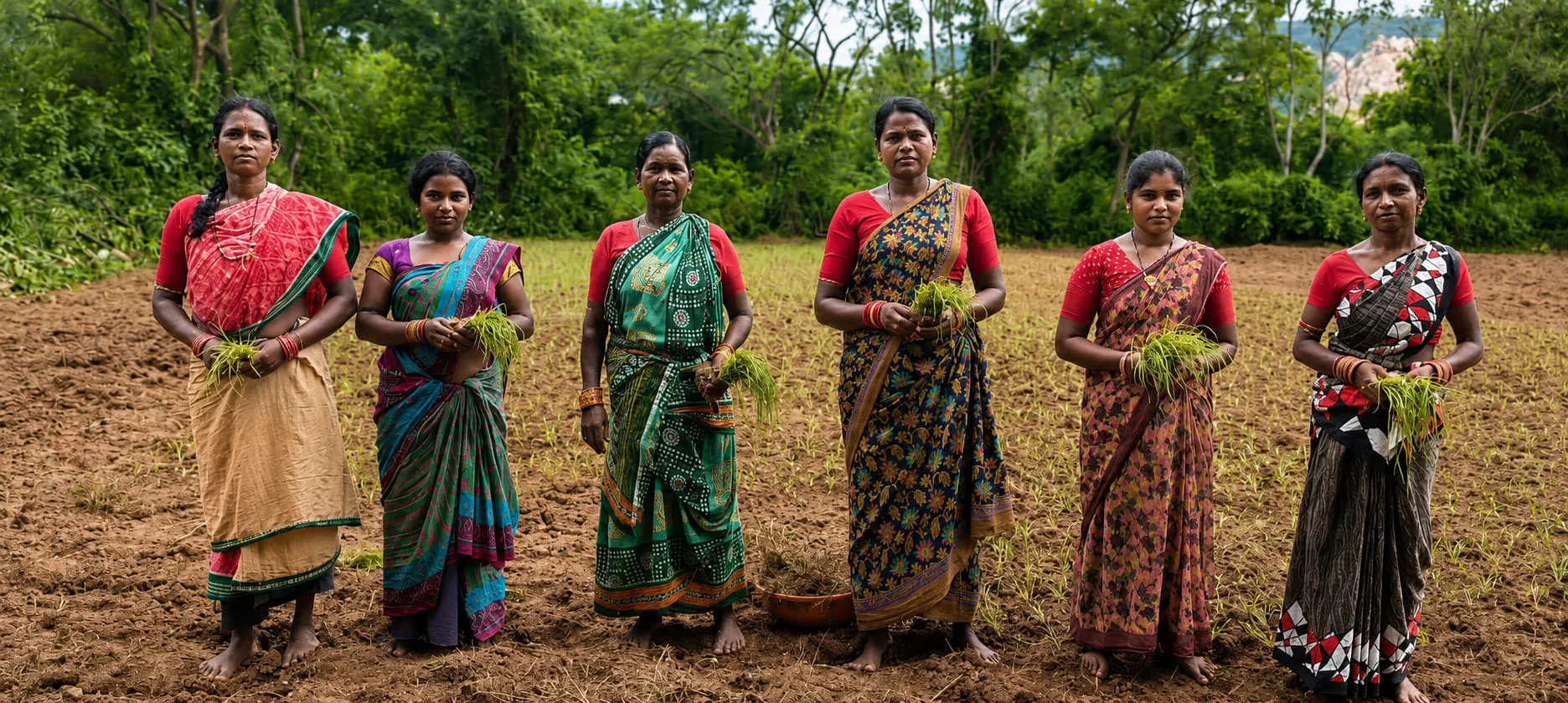 Women farmers standing together at the edge of a field